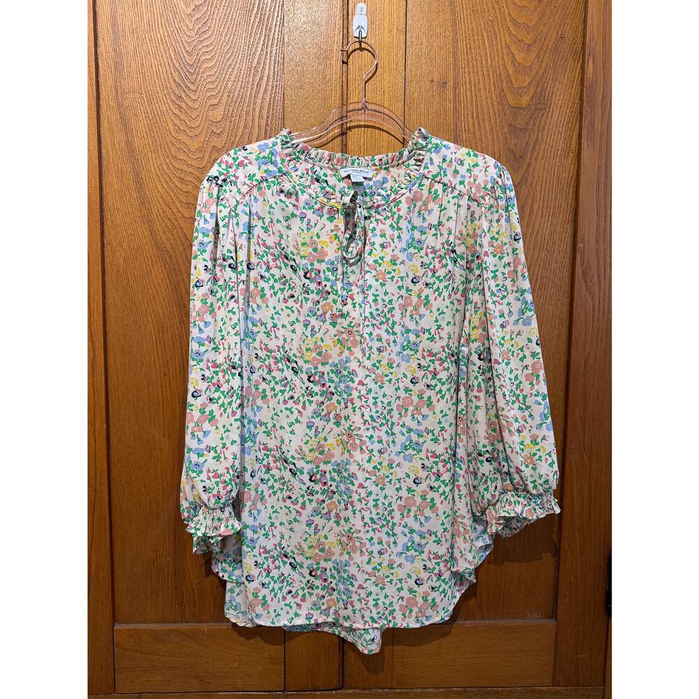 Carolina Belle Floral Ruffle Neck Blouse – 2X – Long Sleeve Smocked Cuffs